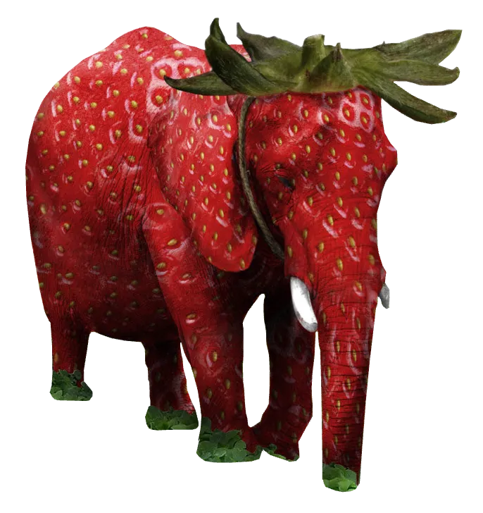 A strawberry colored elephant with seeds covering its skin.